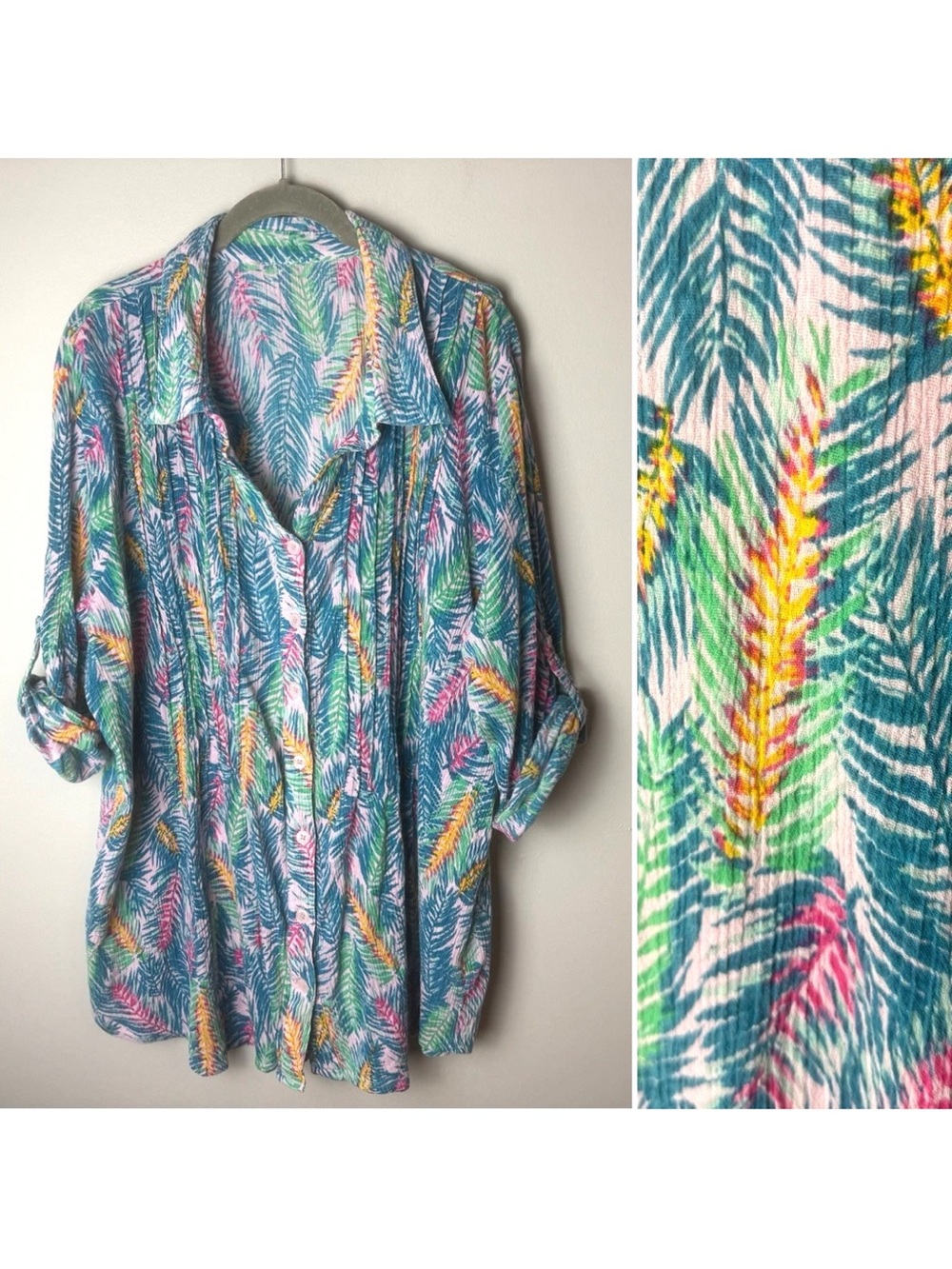 Woman Within Pintucked Button Down Gauze Shirt Plus Size 3X Top Watercolor Palms